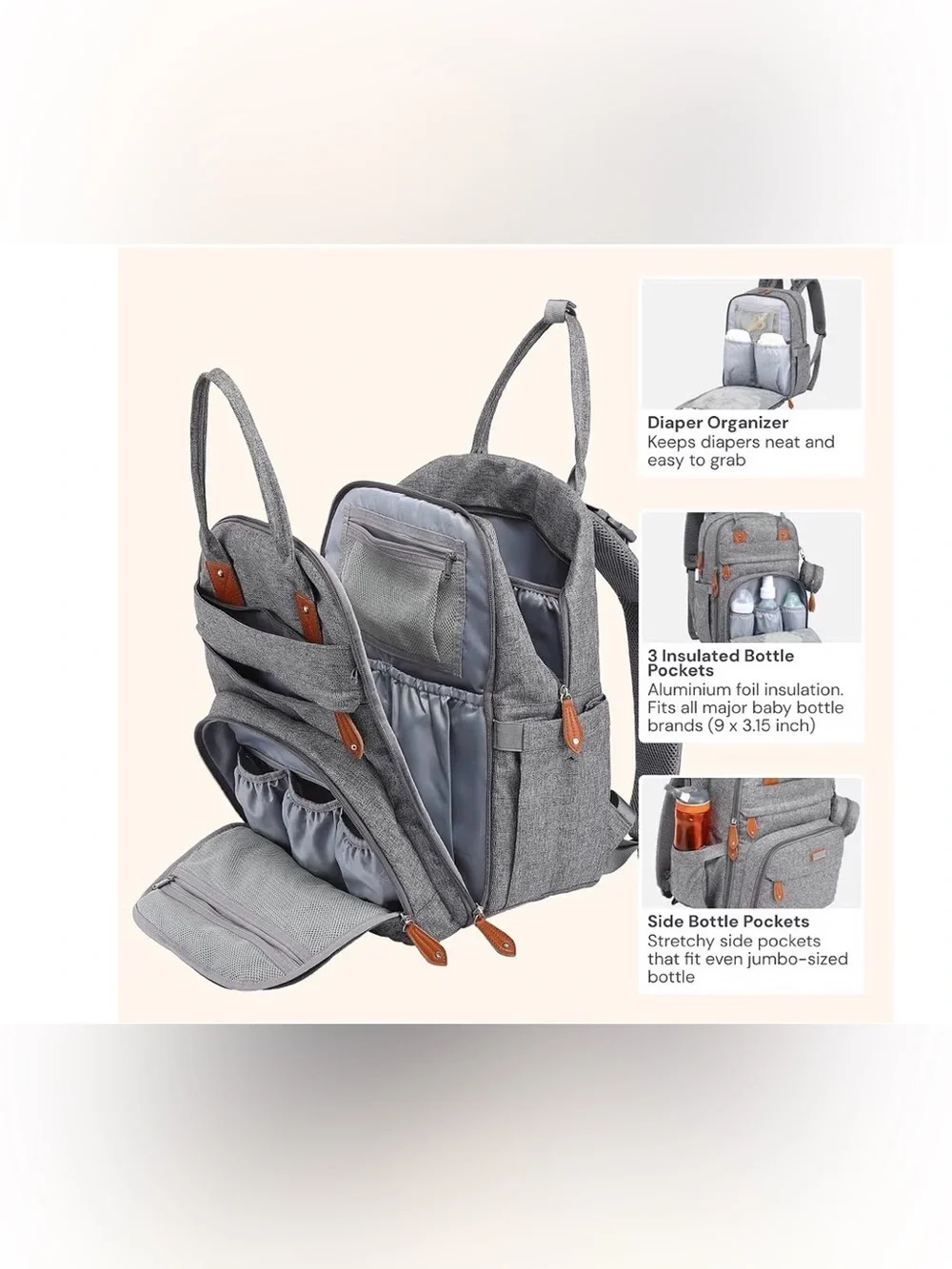 NWT - BabbleRoo - Gray Quilted Baby Diaper Backpack with Tan Accent Trim